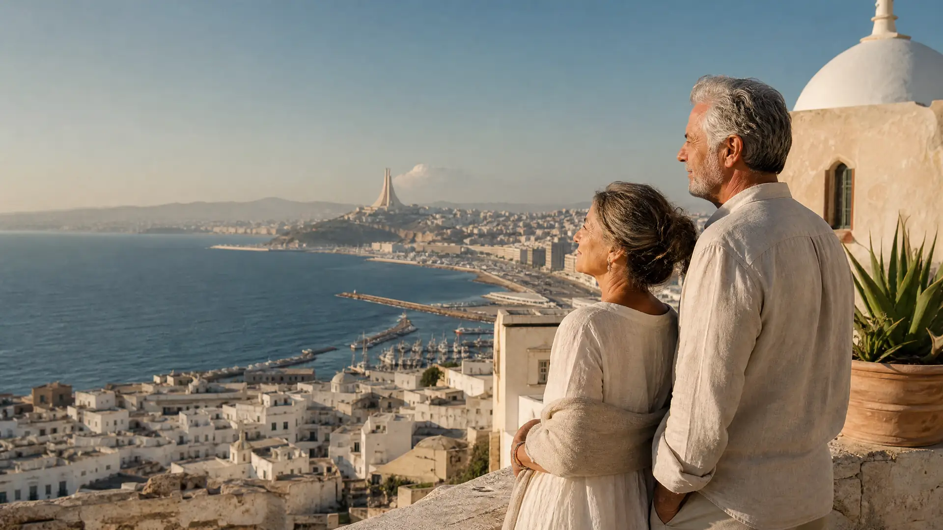 Rentnerpaar mit Blick über die Bucht von Algier am Mittelmeer