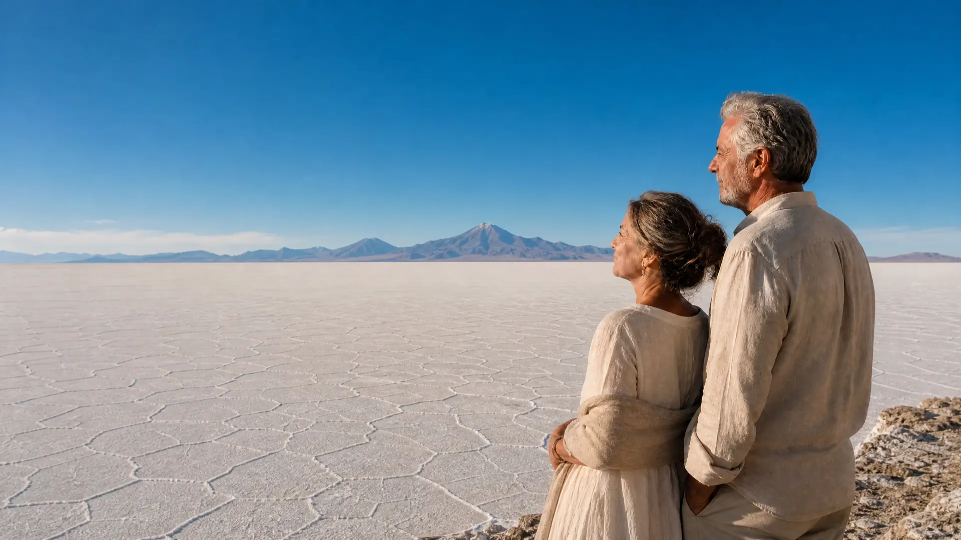 Rentnerpaar am Salar de Uyuni in Bolivien