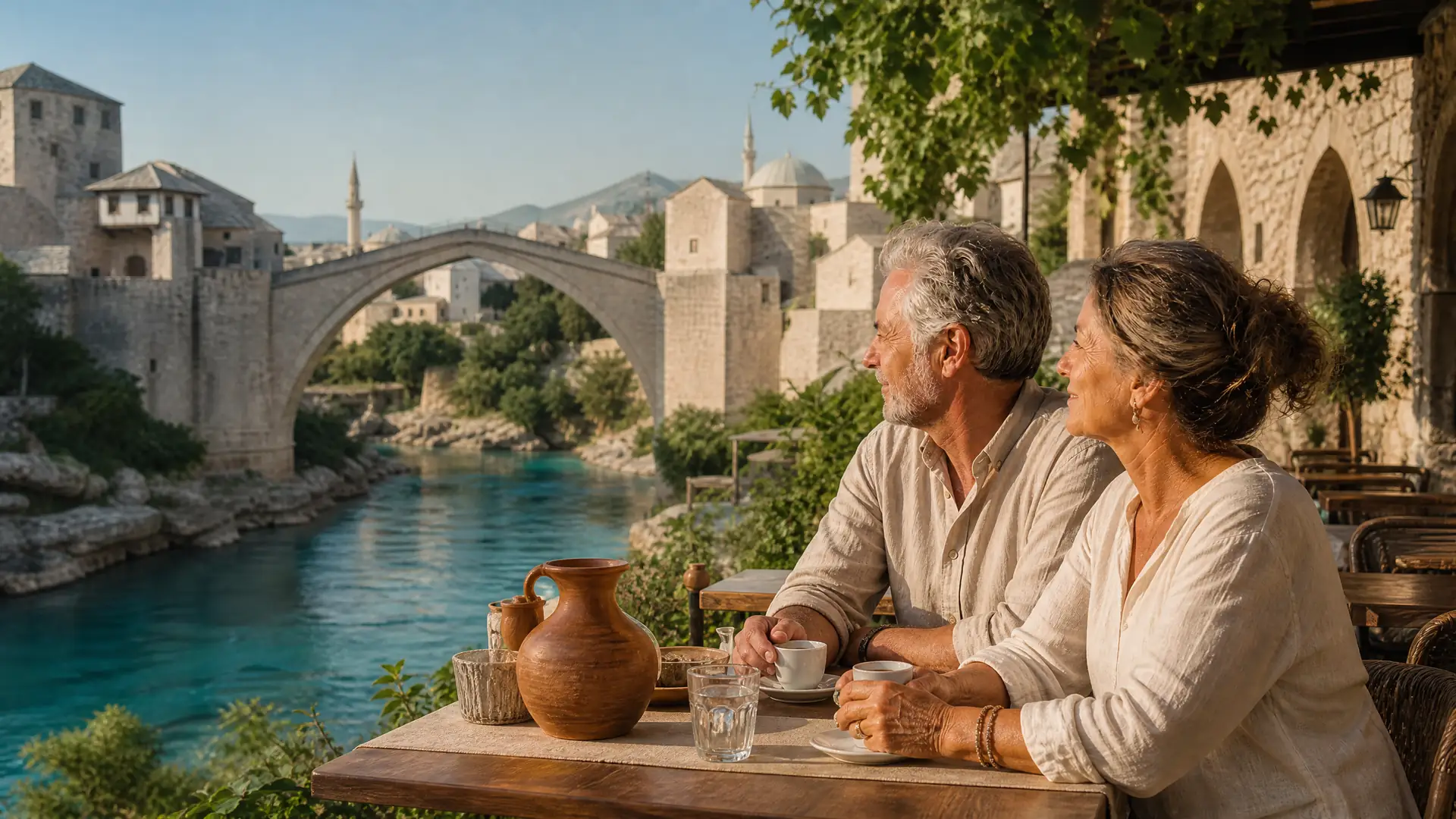 Rentnerpaar sitzt in einem Café nahe der alten Brücke von Mostar am Fluss
