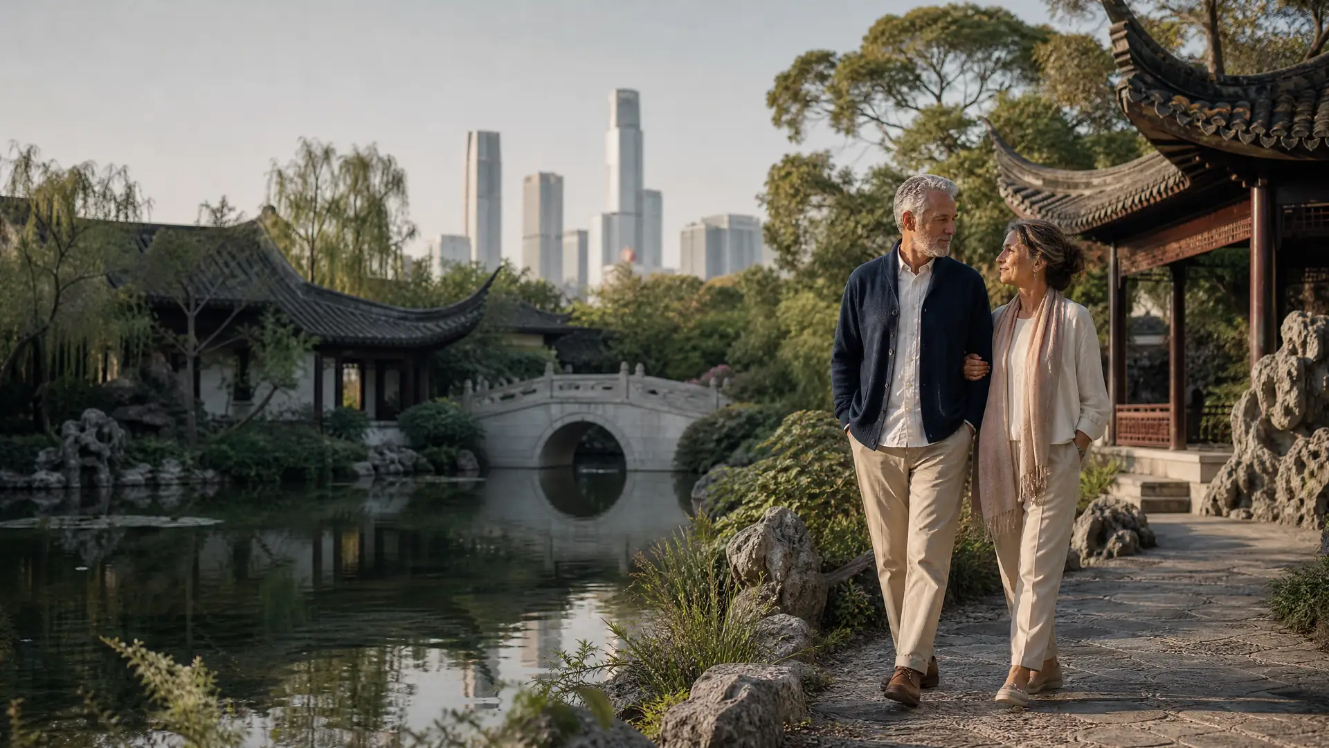 Rentnerpaar spaziert durch einen traditionellen chinesischen Garten vor moderner Skyline