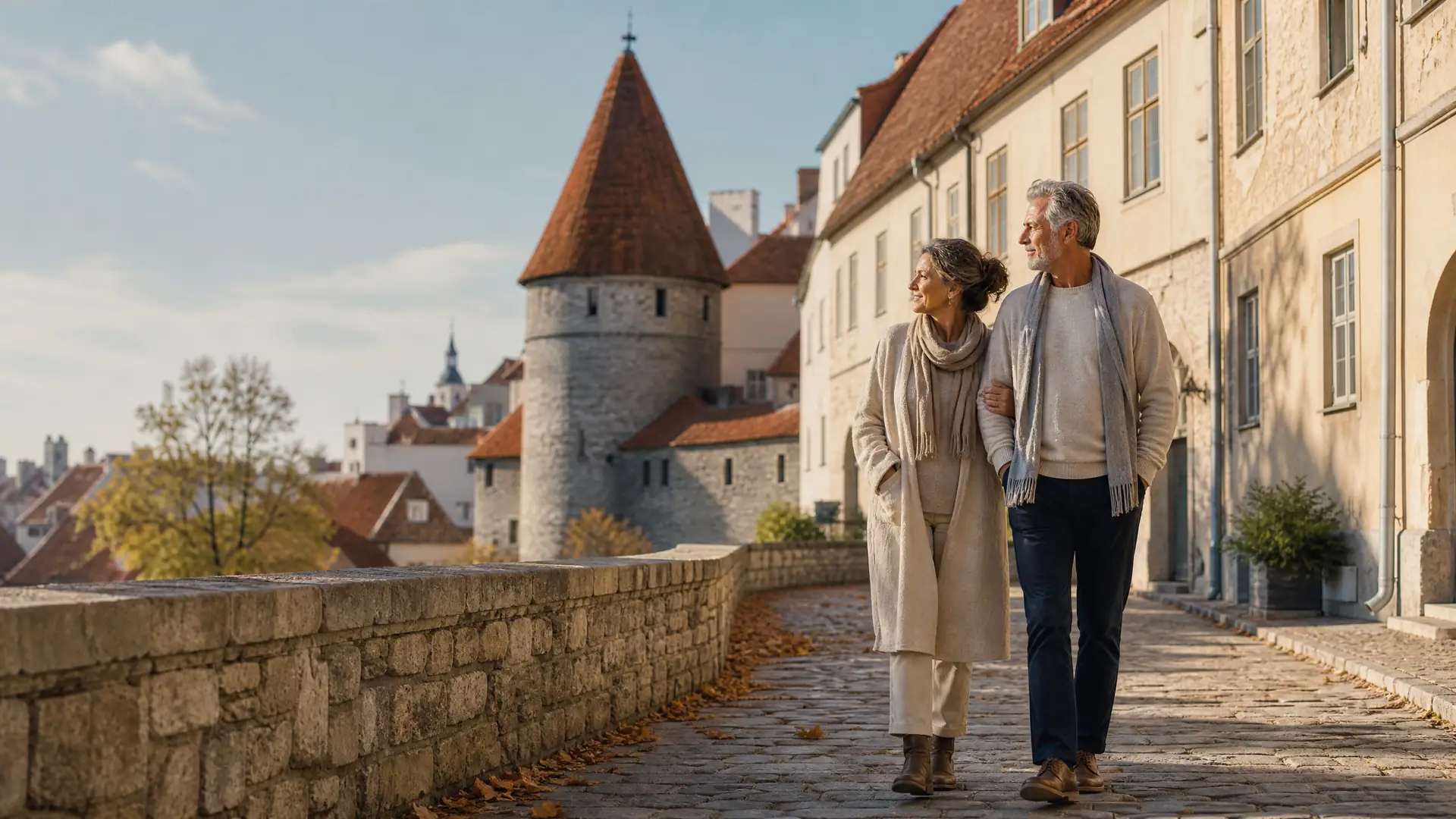 Rentnerpaar spaziert durch die mittelalterliche Altstadt von Tallinn in Estland