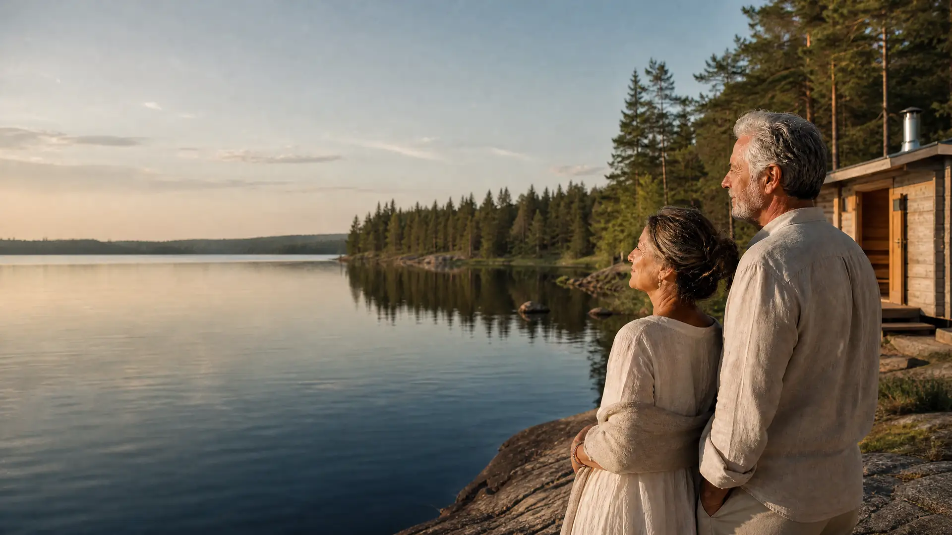 Rentnerpaar an einem ruhigen See in Finnland mit Wald und Holzsauna am Ufer