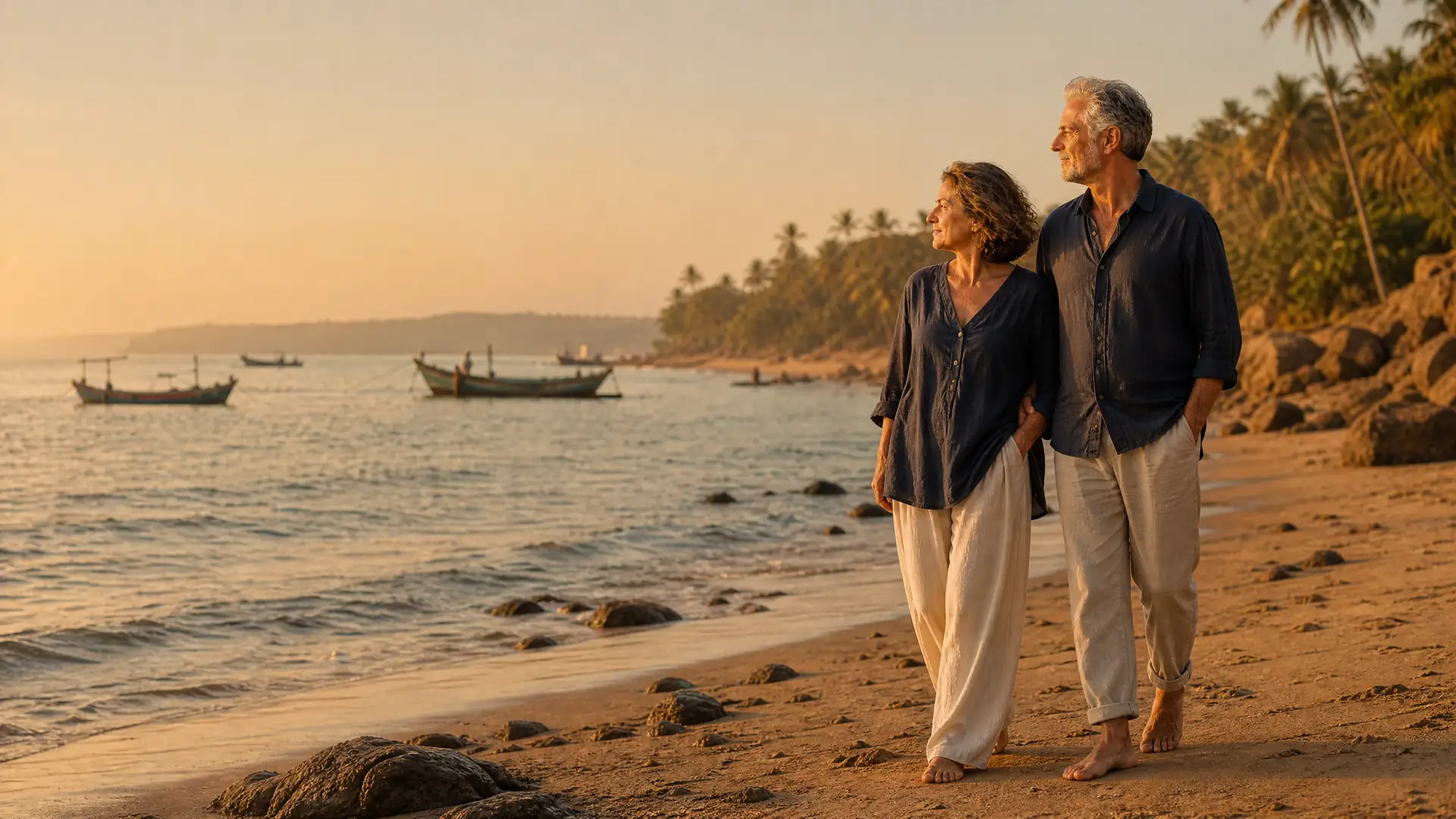 Rentnerpaar spaziert bei Sonnenuntergang an einem Strand in Goa, Indien