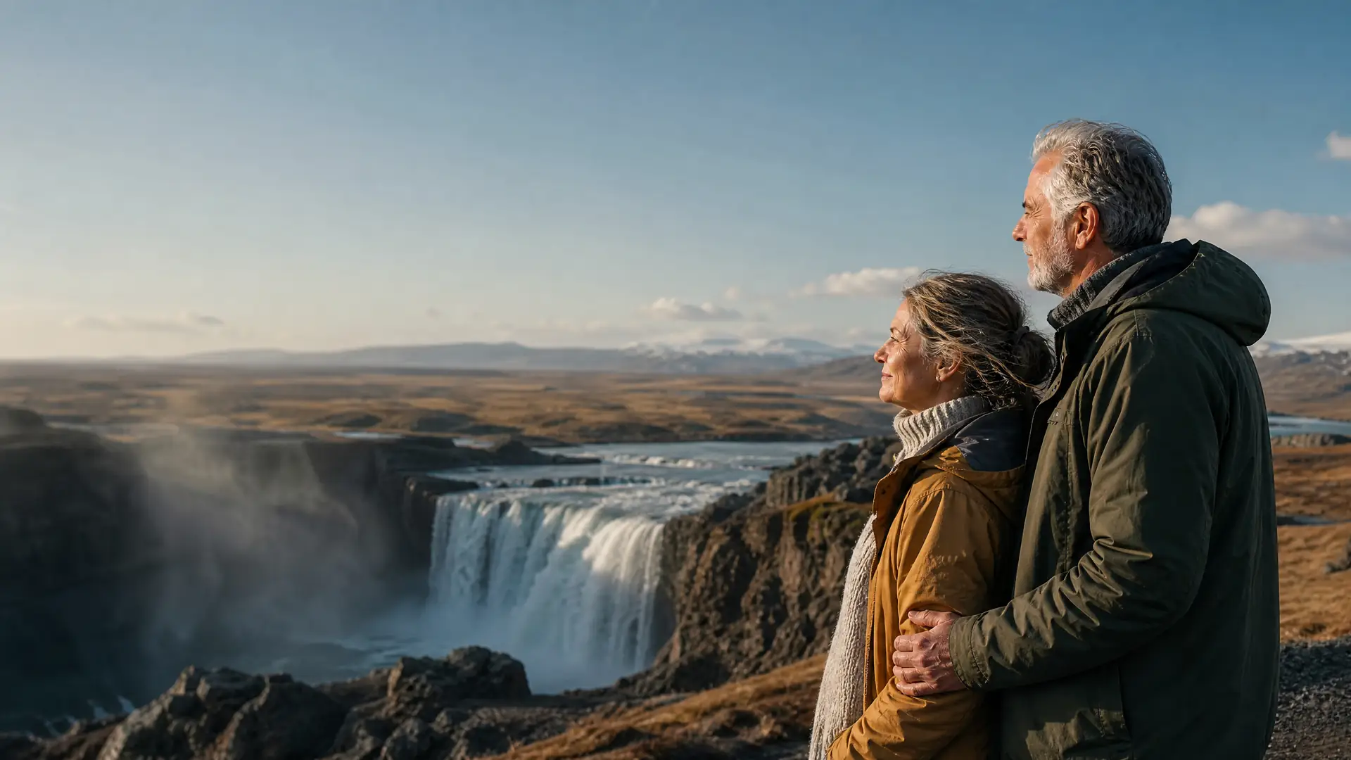 Rentnerpaar an einem Wasserfall in der Vulkanlandschaft Islands
