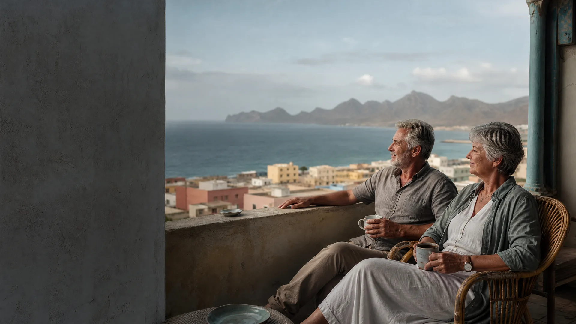 Rentnerpaar auf einer Veranda in Mindelo mit Blick auf den Atlantik