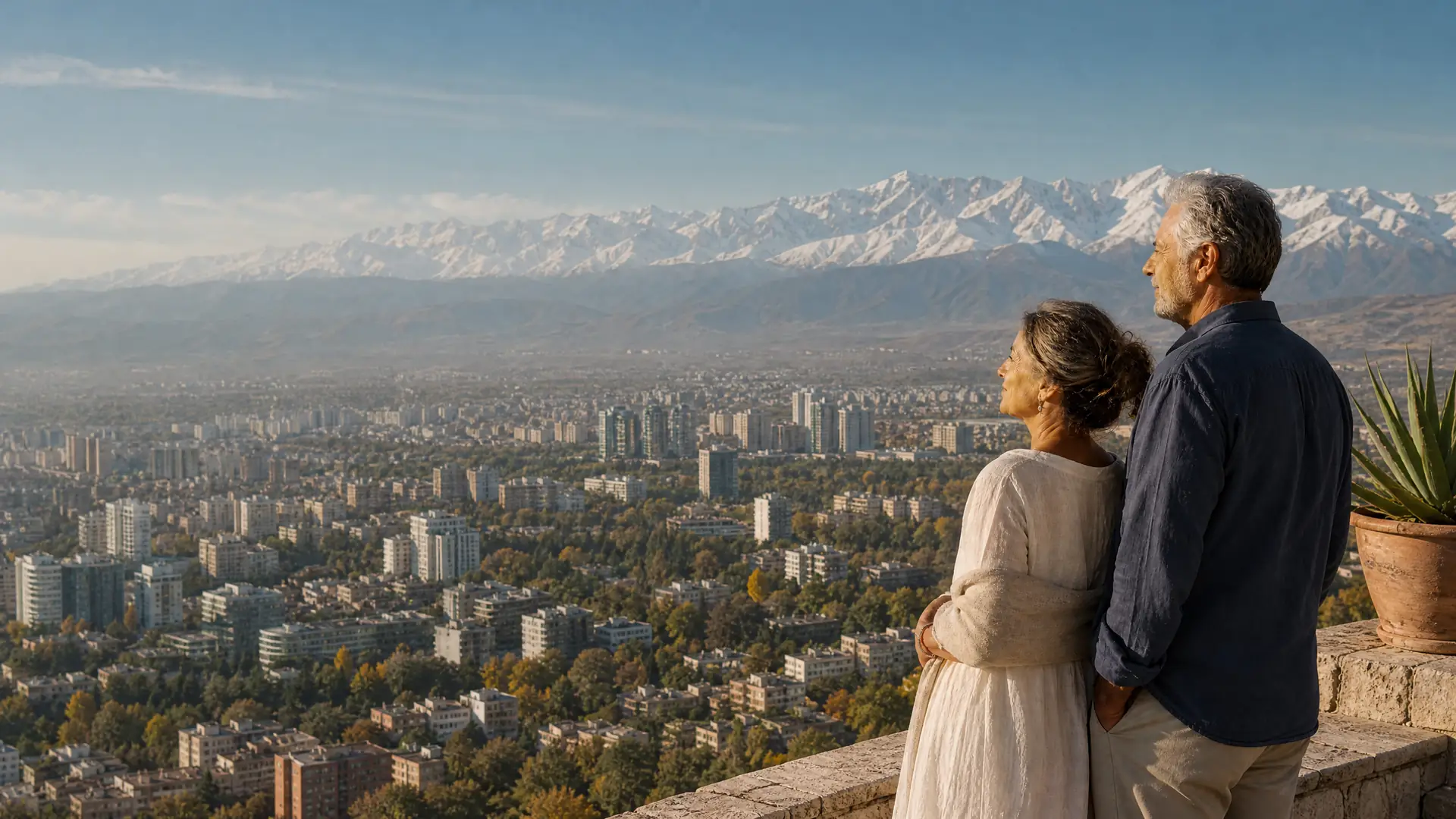 Rentnerpaar blickt über Almaty auf die schneebedeckten Berge des Tian Shan in Kasachstan
