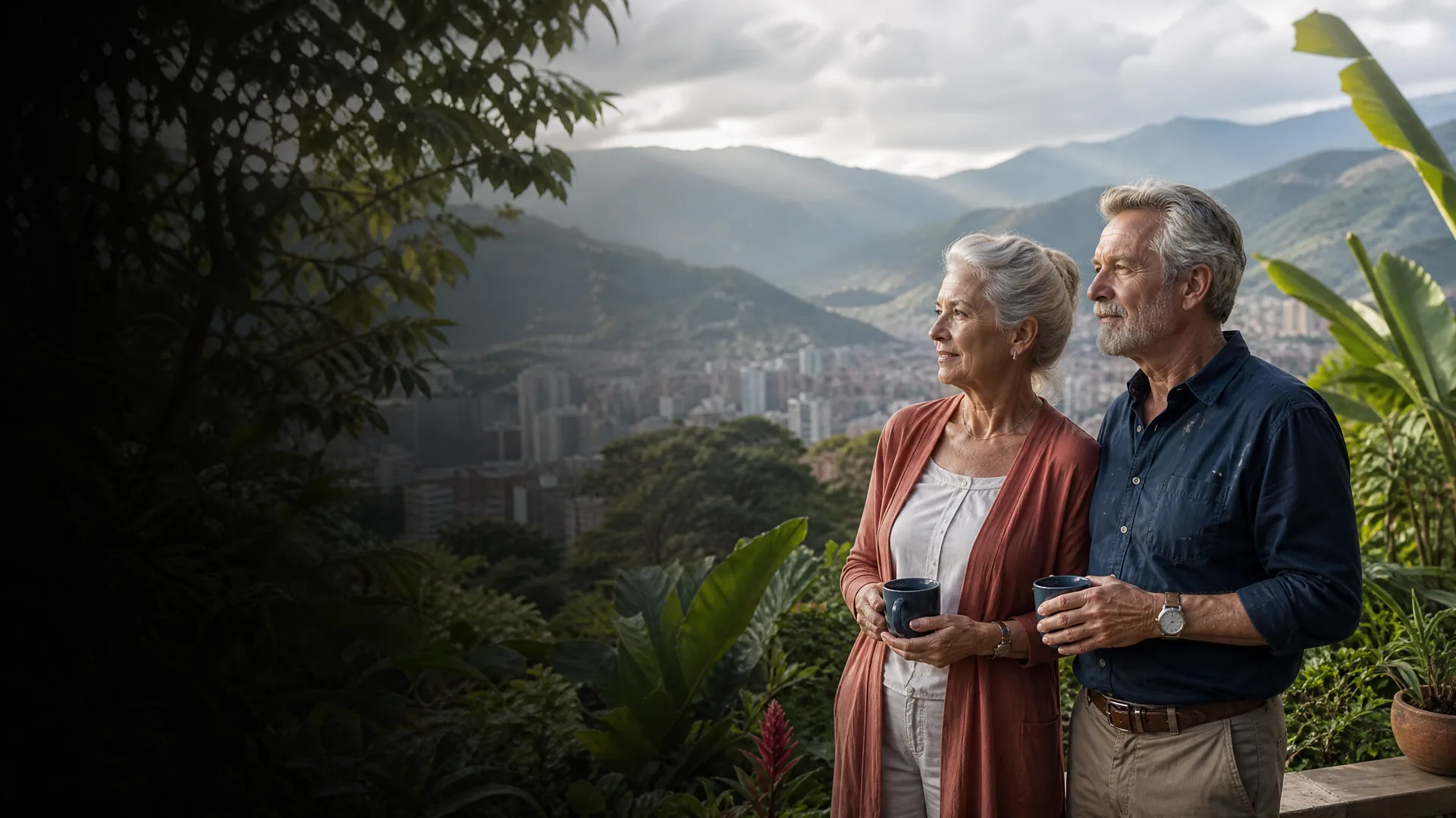 Deutschsprachiges Rentnerpaar auf einer Terrasse über Medellín in Kolumbien
