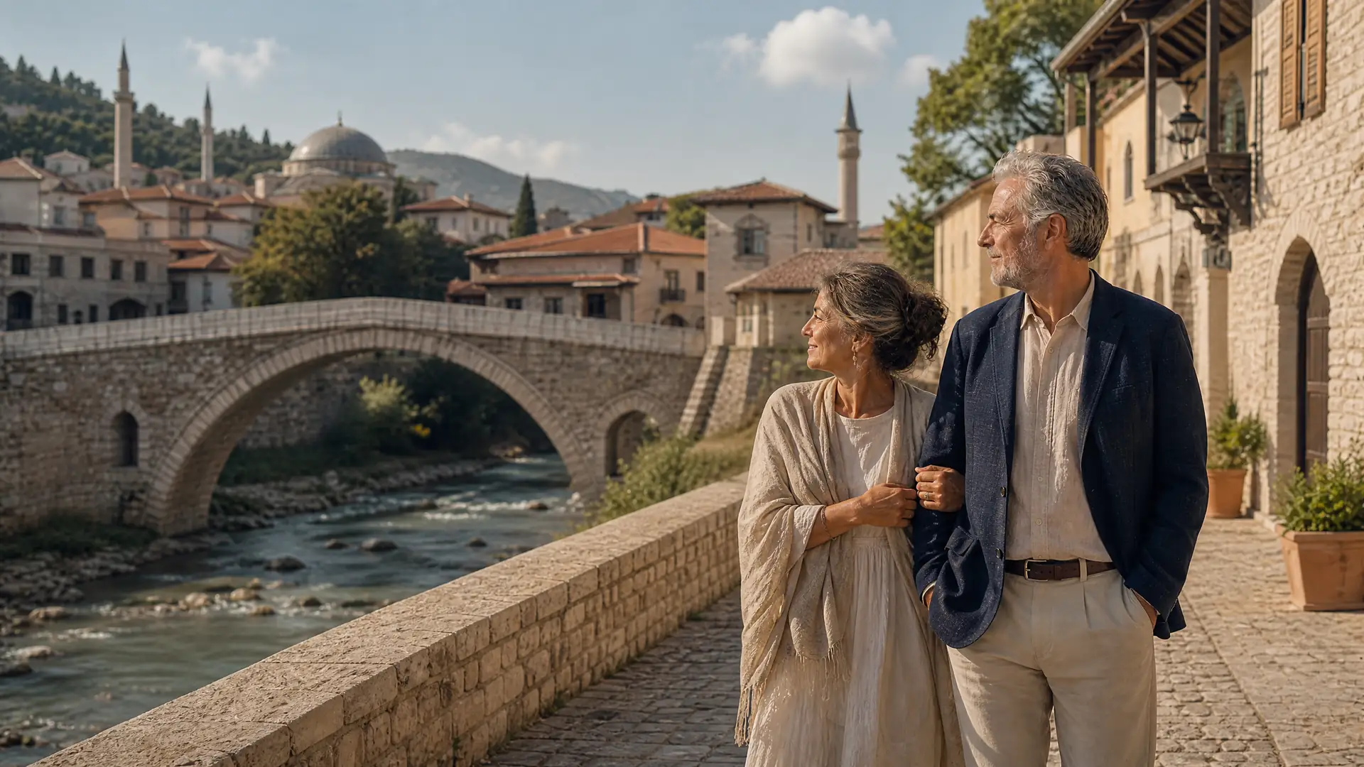 Rentnerpaar in der osmanischen Altstadt von Prizren im Kosovo mit Steinbrücke über den Fluss