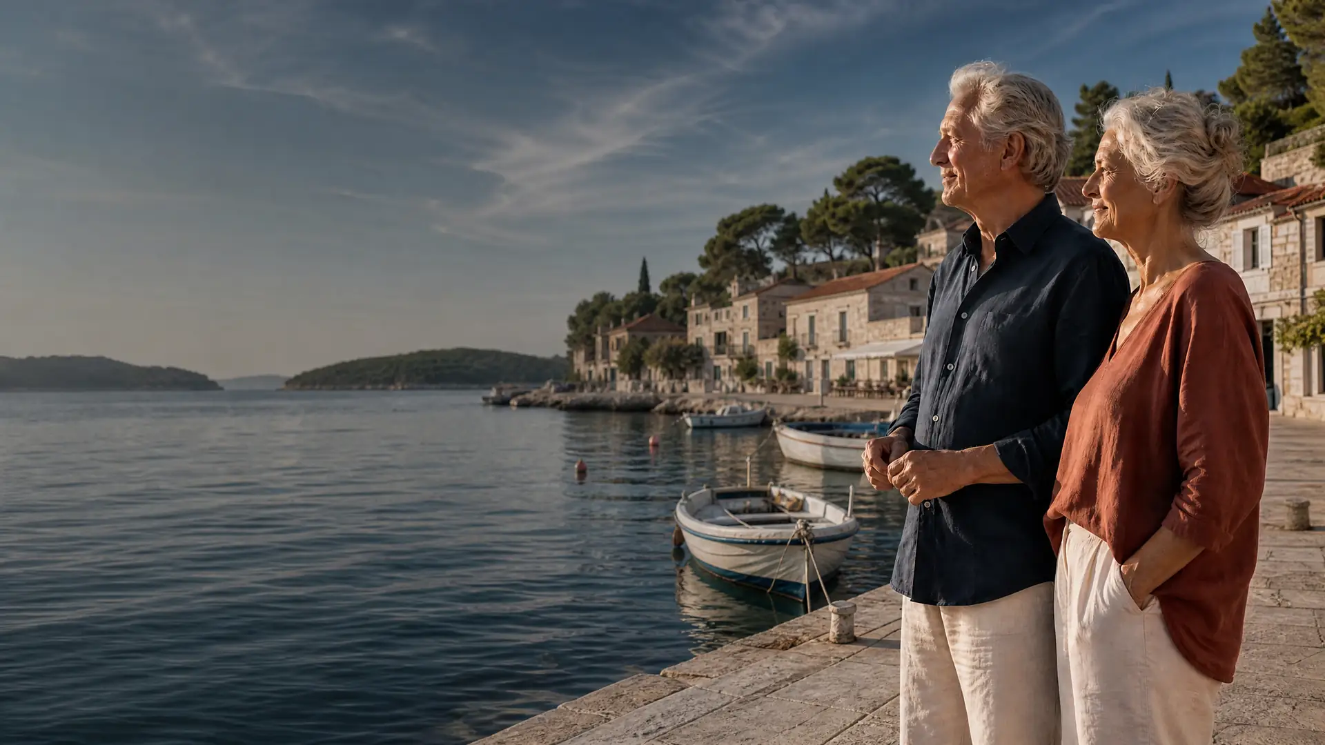 Deutschsprachiges Rentnerpaar auf einer Terrasse an der kroatischen Adriaküste