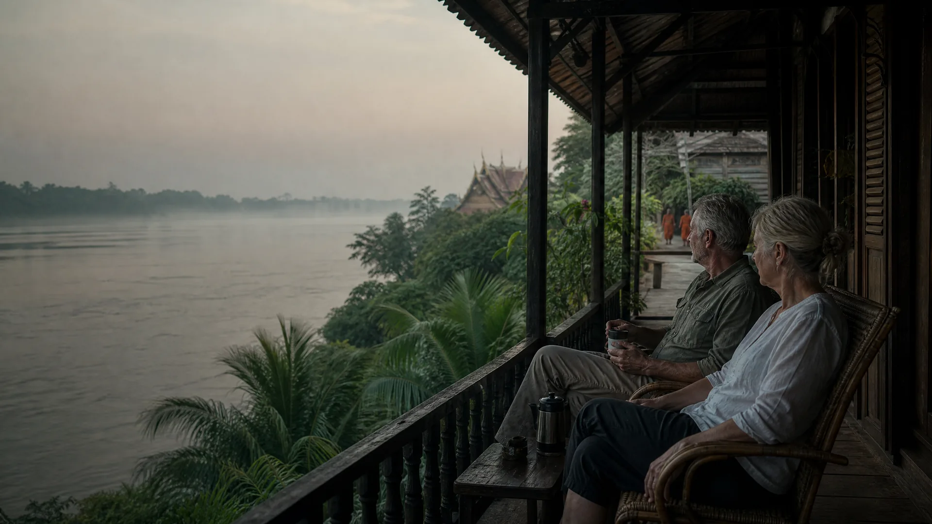 Rentnerpaar auf einer schattigen Veranda am Mekong in Vientiane
