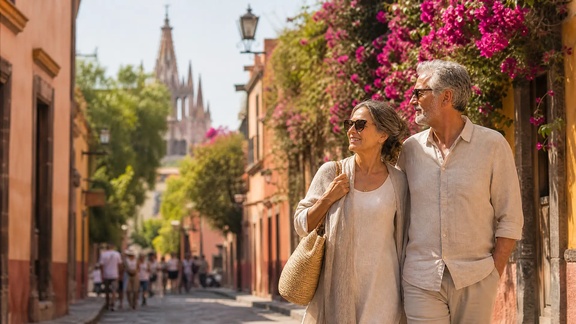 Rentnerpaar spaziert durch eine bunte Kolonialstraße in San Miguel de Allende, Mexiko