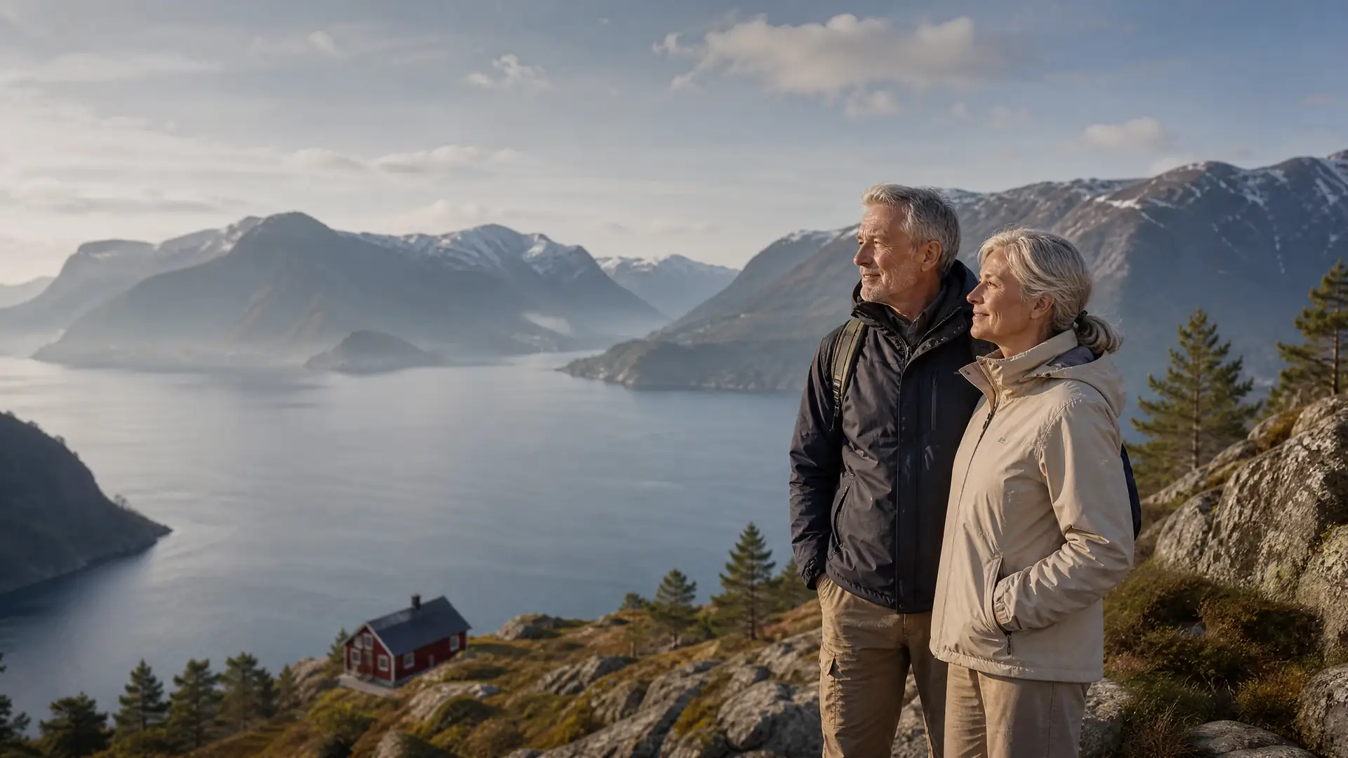 Rentnerpaar blickt an einem klaren Tag über einen norwegischen Fjord