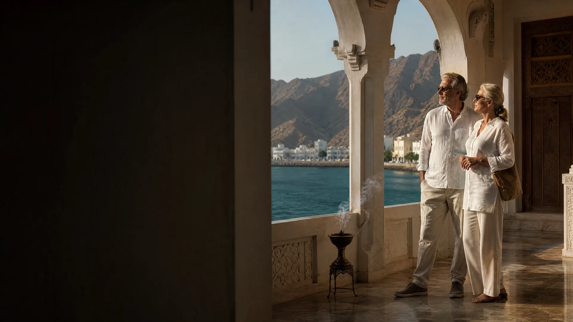 Rentnerpaar unter einer omanischen Arkade mit Blick auf Maskat und das Meer