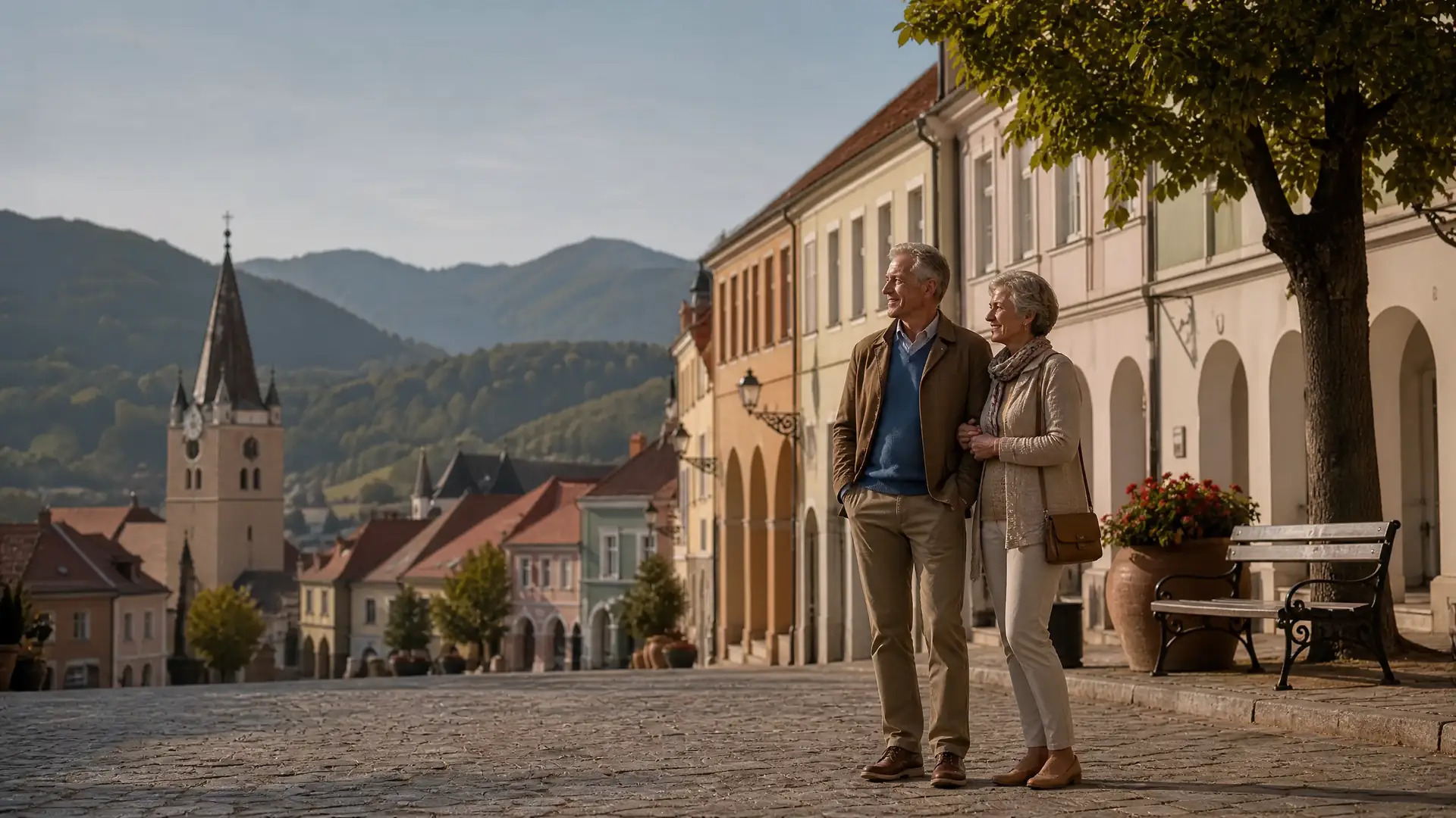 Rentnerpaar spaziert durch eine historische Altstadt in Siebenbürgen, Rumänien