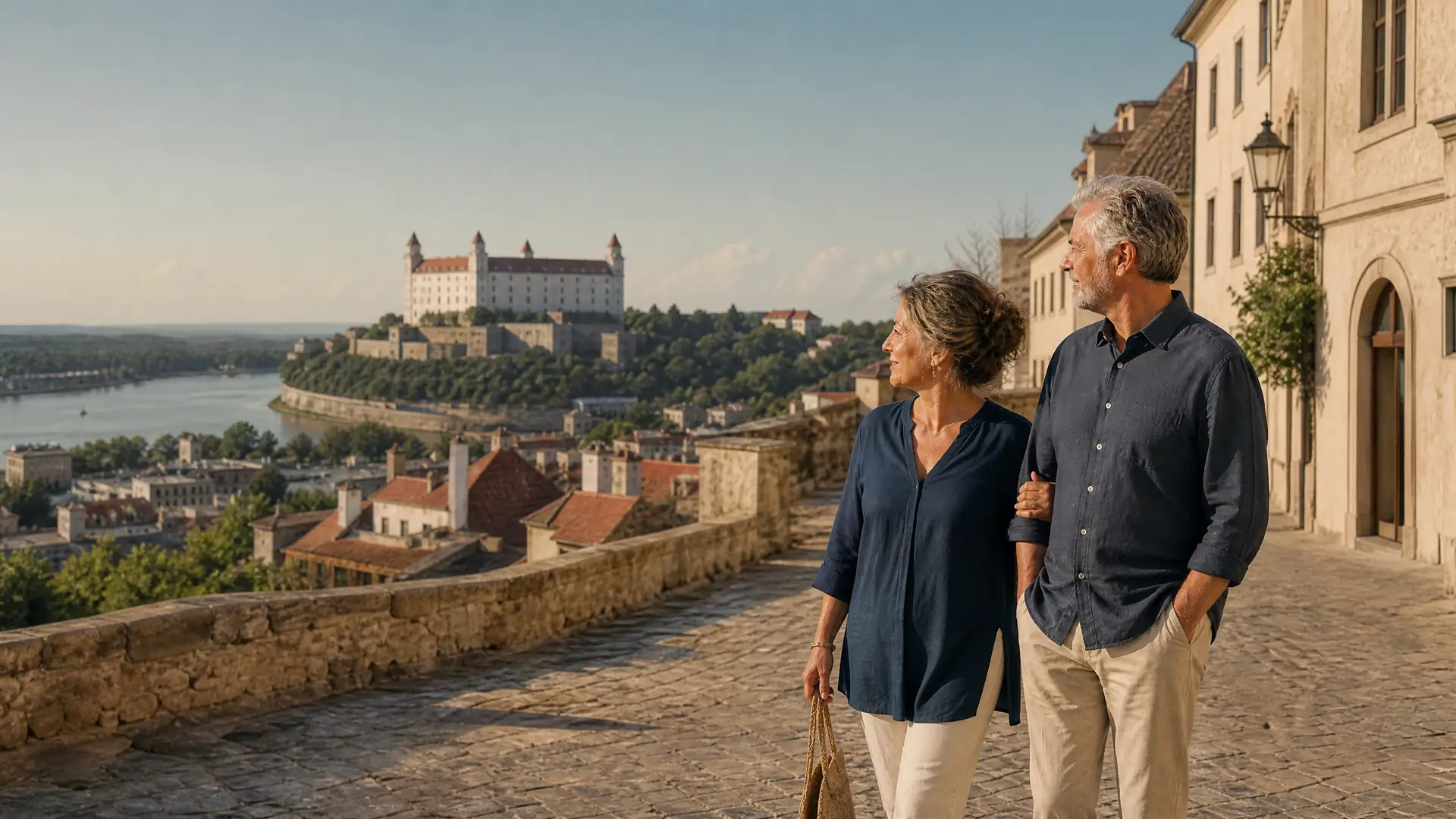 Rentnerpaar spaziert durch die Altstadt von Bratislava mit Burg und Donau