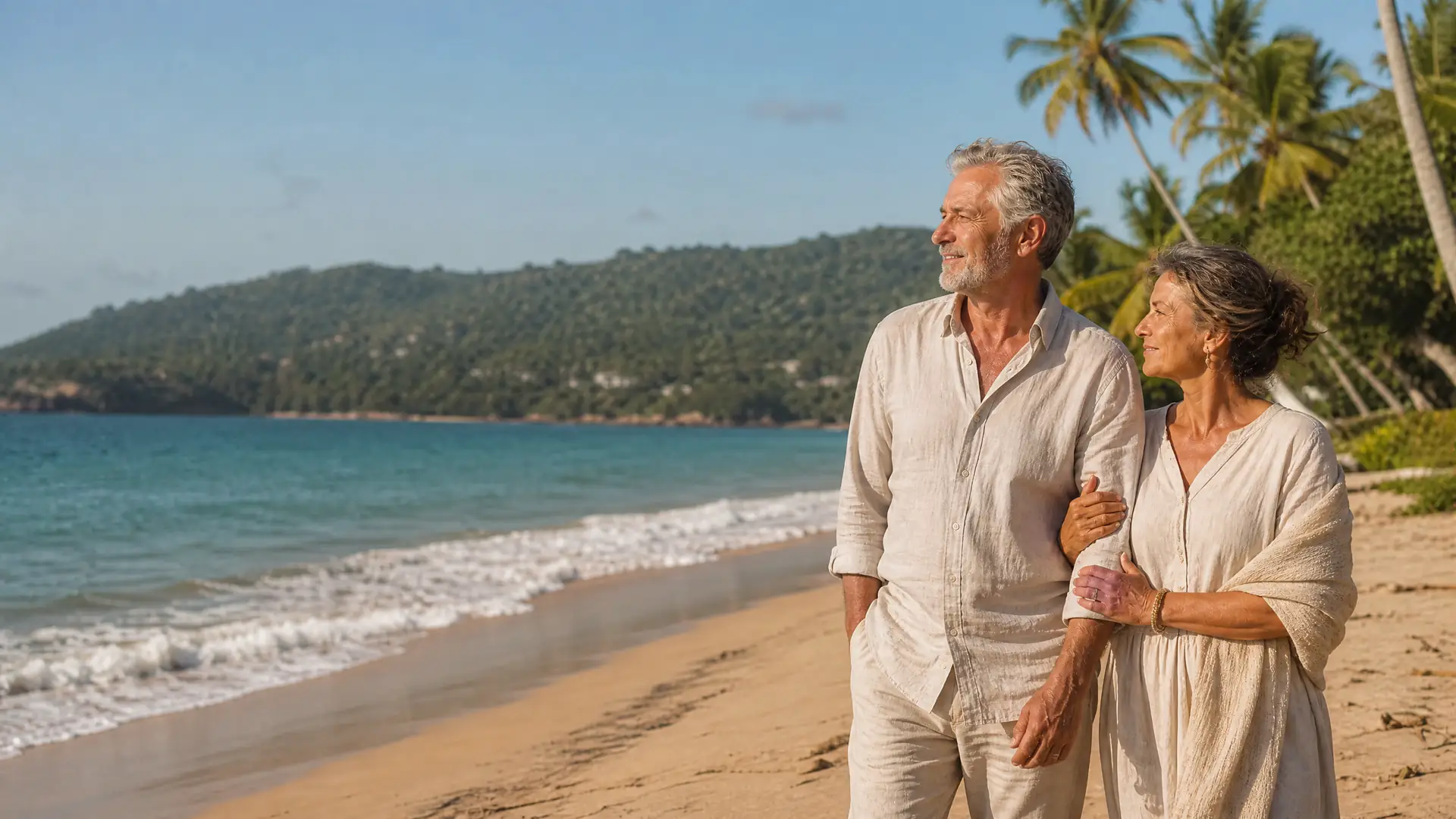 Rentnerpaar spaziert an einem palmengesäumten Strand in Sri Lanka