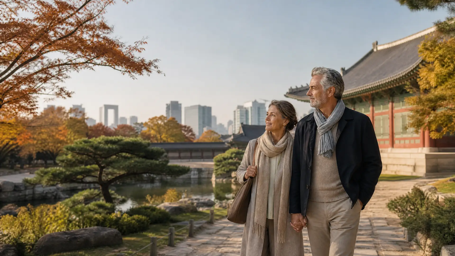 Rentnerpaar spaziert durch einen Palastgarten in Seoul, Südkorea