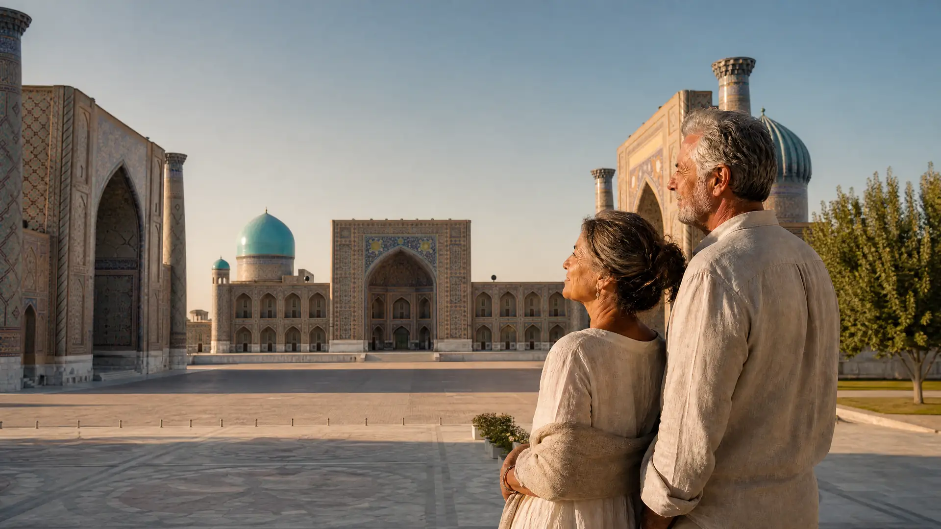 Rentnerpaar auf dem Registan-Platz in Samarkand, Usbekistan