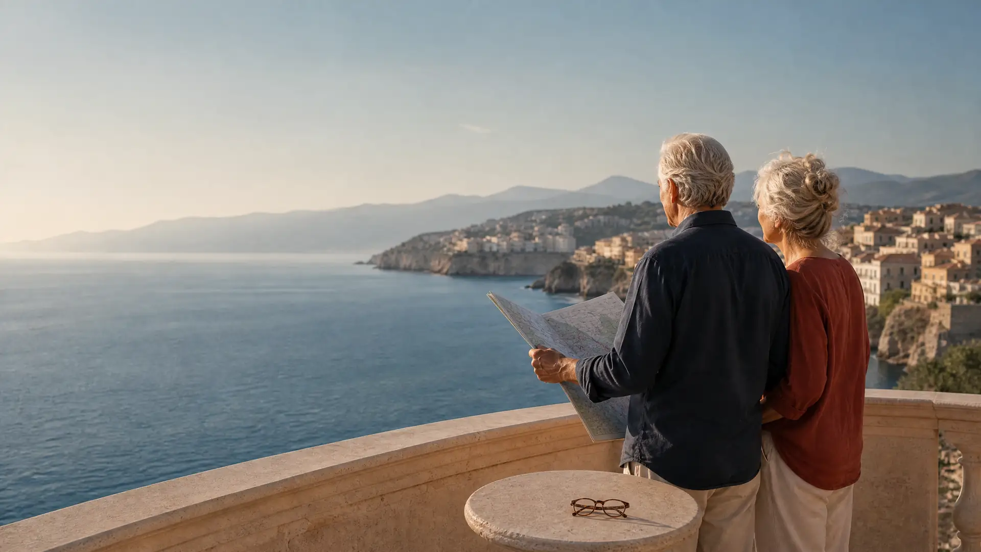 Reifes Paar auf einer sonnigen Terrasse über dem Mittelmeer