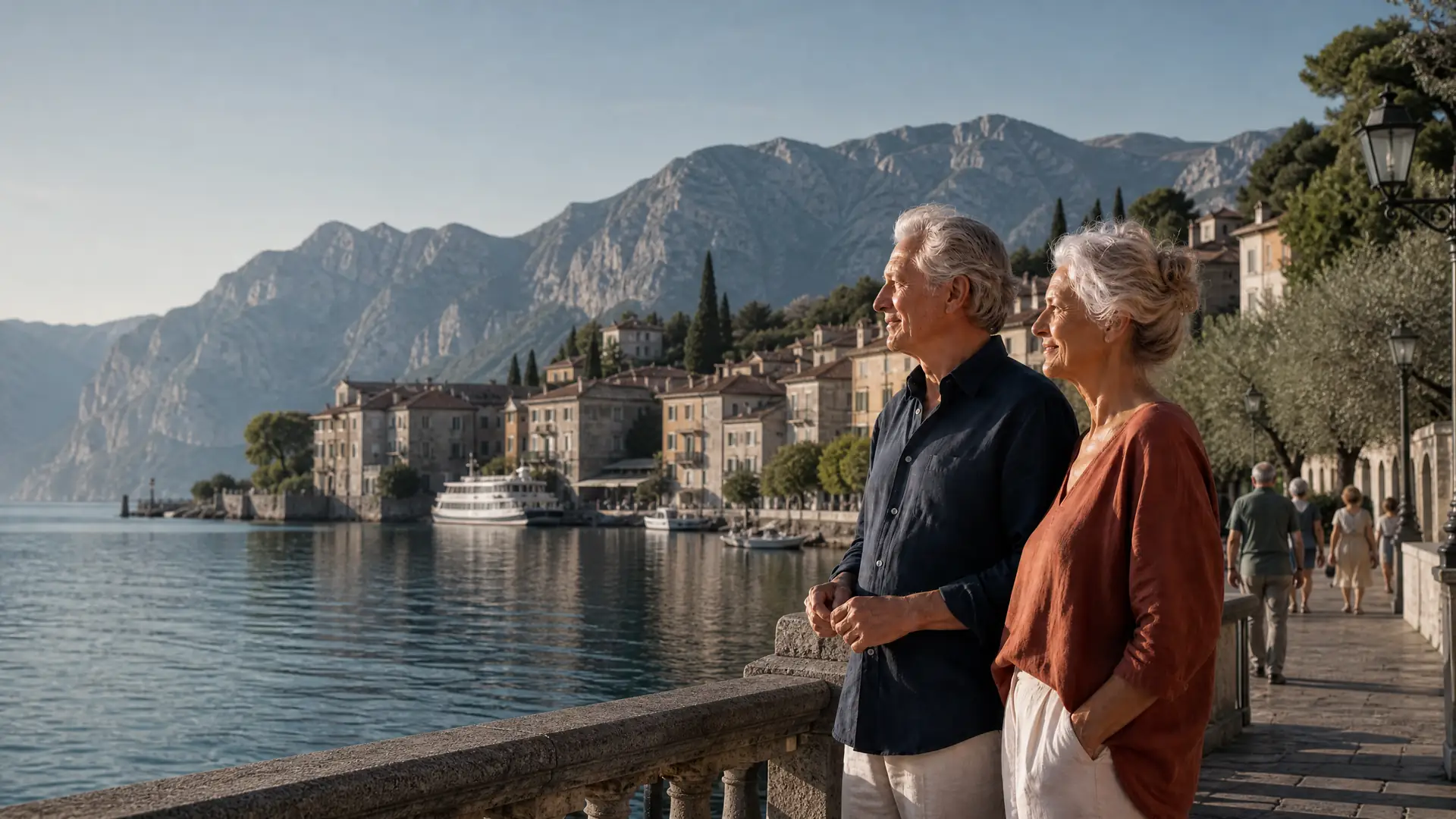 Deutschsprachiges Rentnerpaar auf einer Terrasse am Gardasee mit Zypressen und Bergen