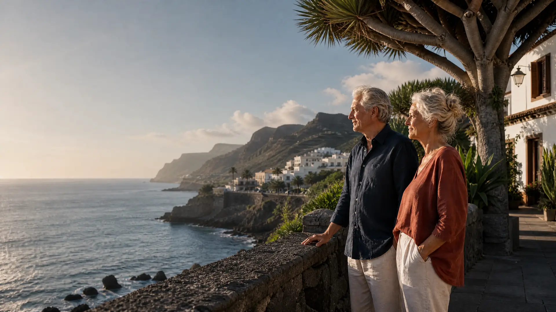 Deutschsprachiges Rentnerpaar auf einer Terrasse auf Gran Canaria mit Blick auf die Dünen von Maspalomas