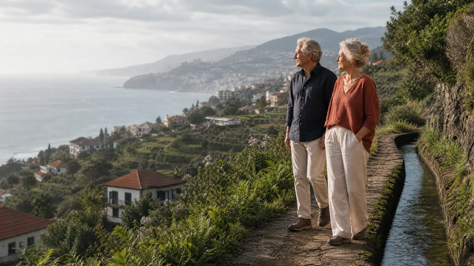 Deutschsprachiges Rentnerpaar auf einer Terrasse auf Madeira mit Blick auf grüne Berge und den Atlantik