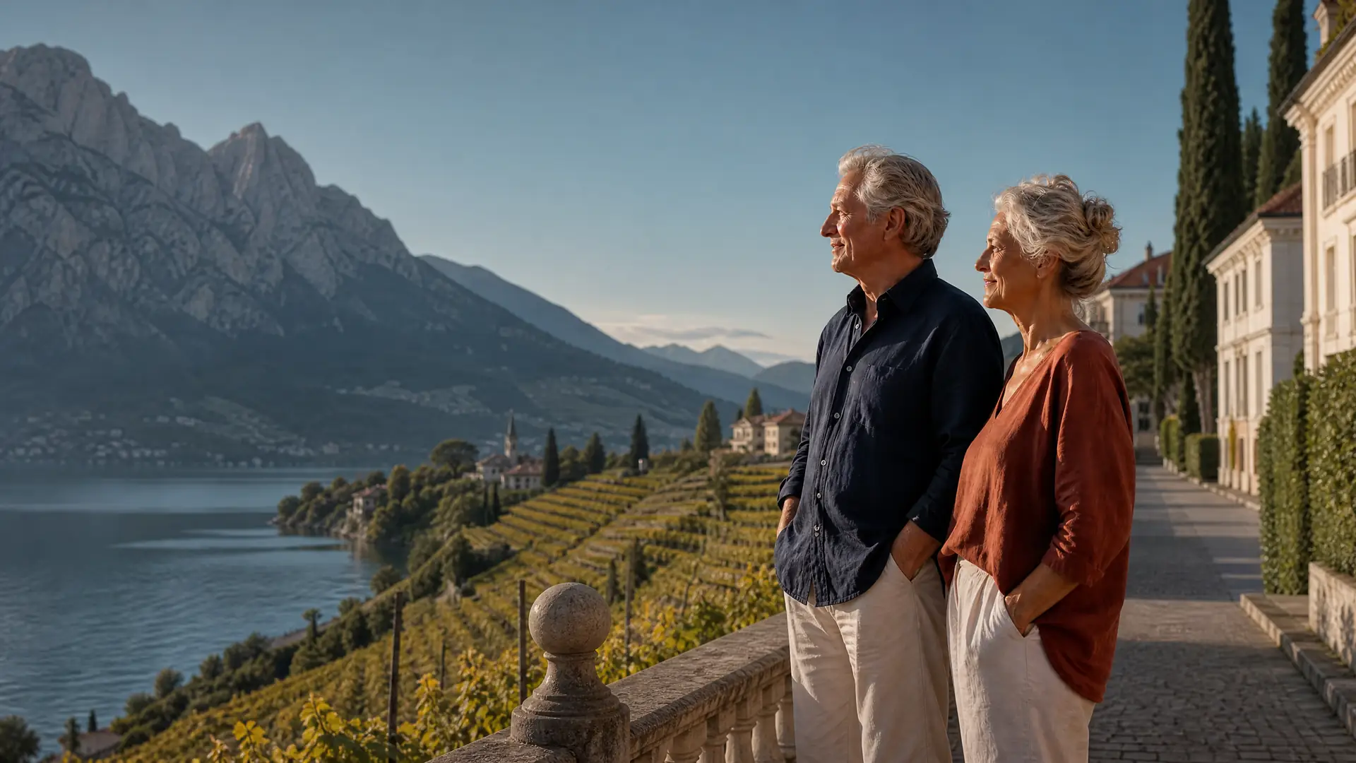 Deutschsprachiges Rentnerpaar auf einer Terrasse in Südtirol mit Blick auf Weinberge und Dolomiten
