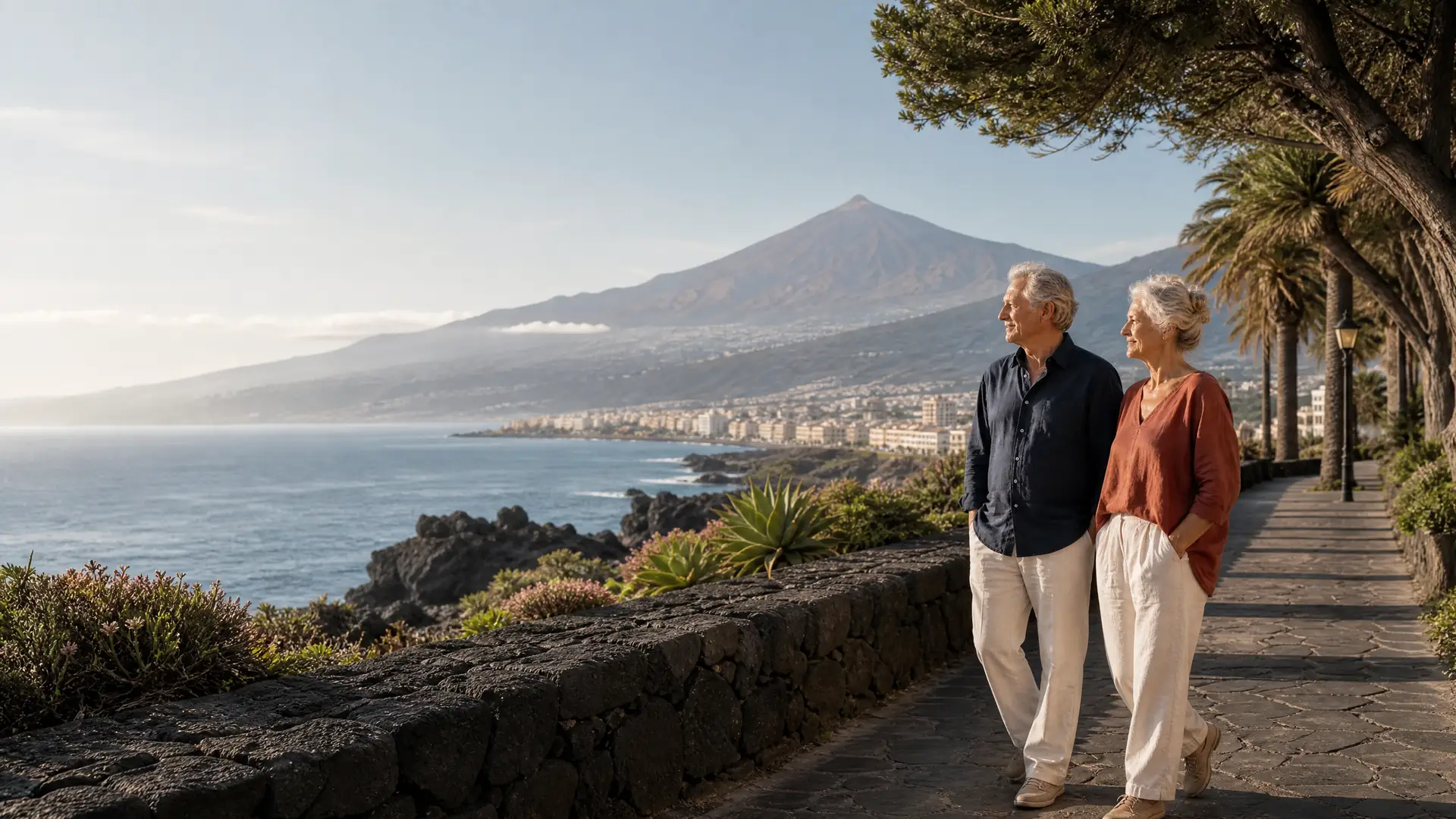 Deutschsprachiges Rentnerpaar auf einer Terrasse auf Teneriffa mit Blick auf den Teide
