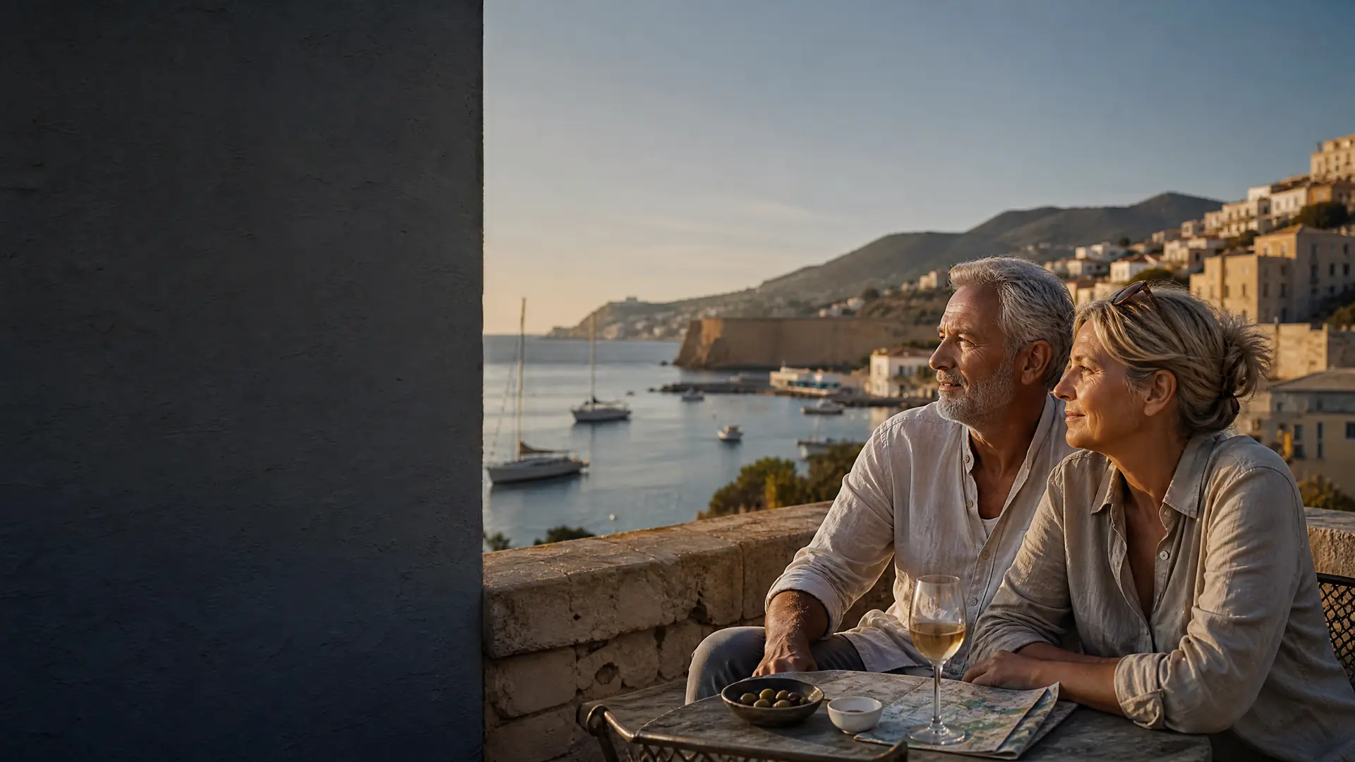 Rentnerpaar genießt den Abend auf einer Terrasse über einer Mittelmeerbucht und plant das Leben mit 2.000 Euro Rente im Ausland