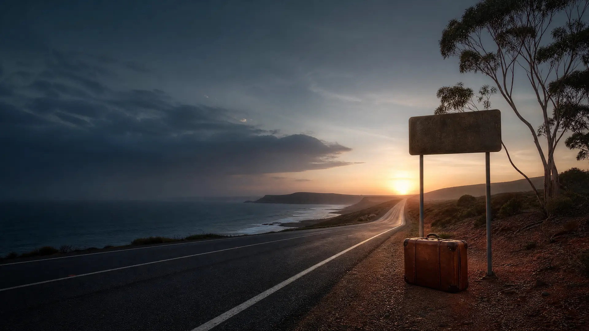 Leere australische Küstenstraße mit Reisekoffer als Symbol für den Australien-Traum nach 55