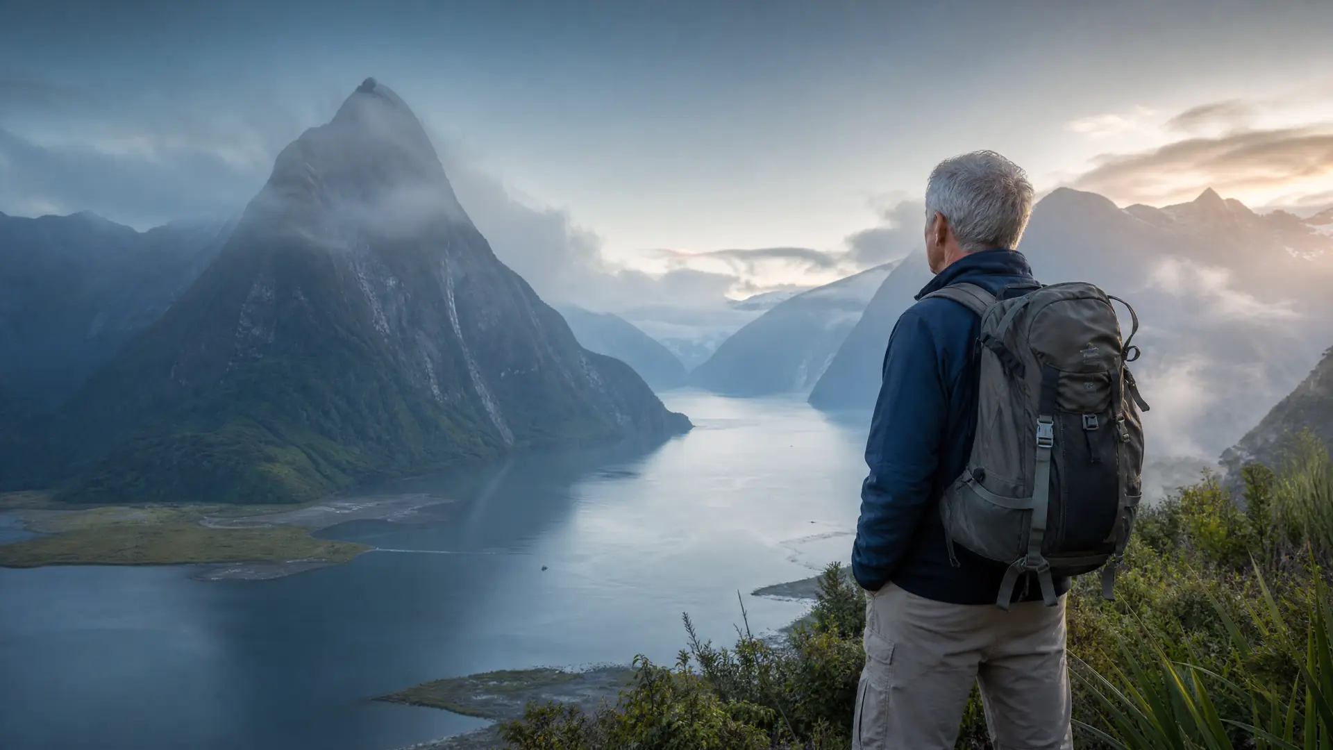 Älterer Reisender blickt über einen neuseeländischen Fjord als Sinnbild für das Auswandern nach Neuseeland als Rentner.