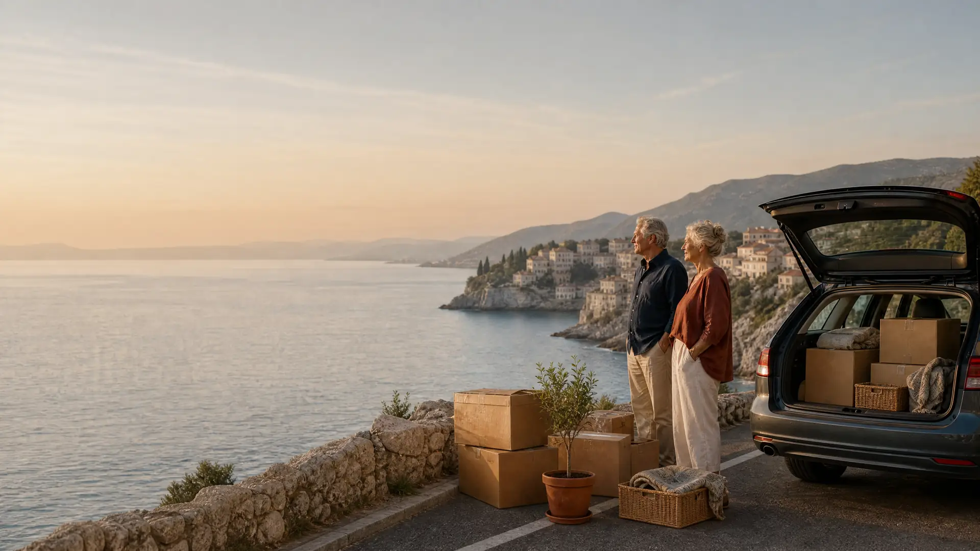Rentnerpaar auf einer Adria-Promenade in Kroatien