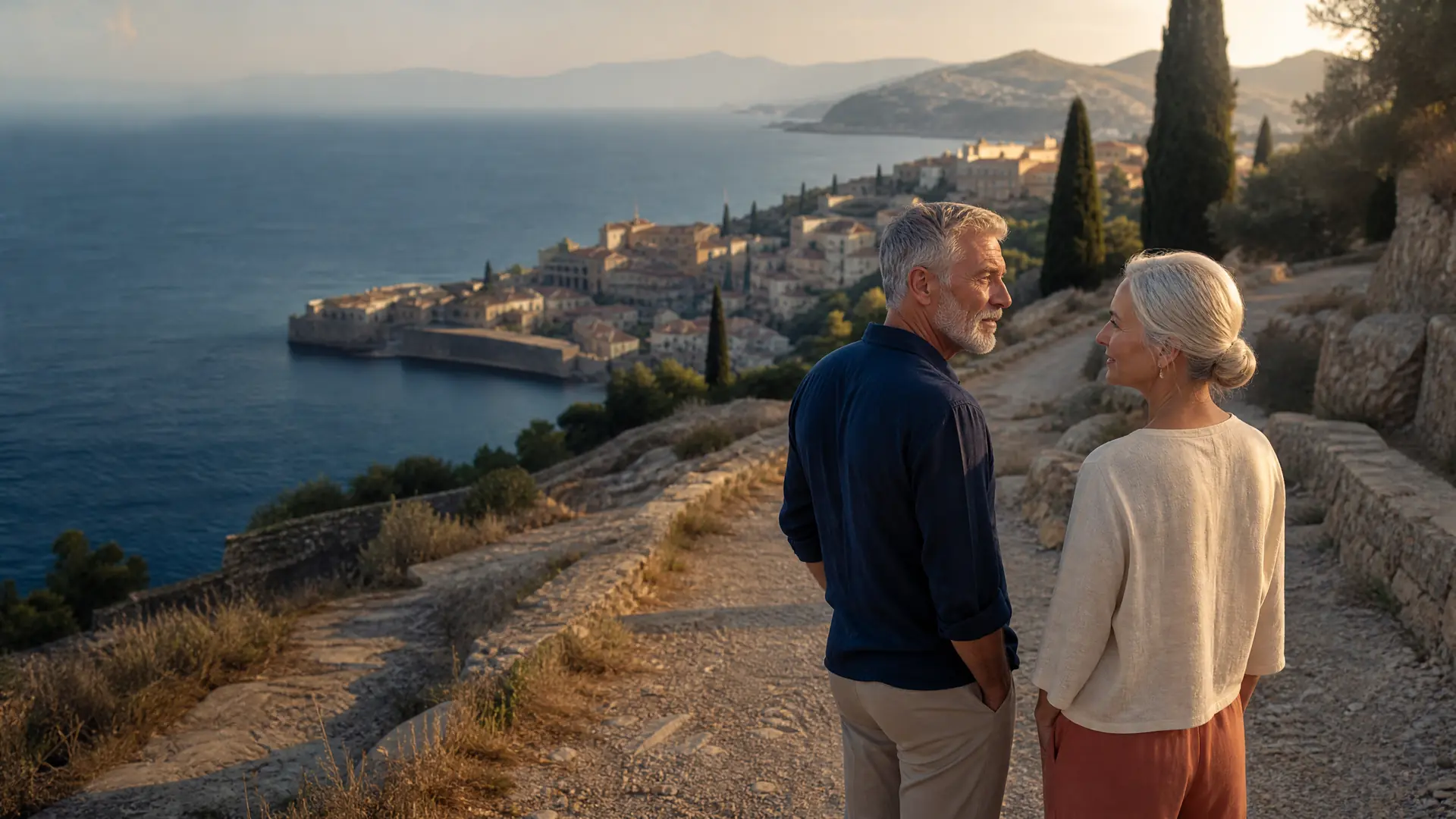 Reifes Paar blickt von einem mediterranen Aussichtspunkt auf Küste und alte Stadt