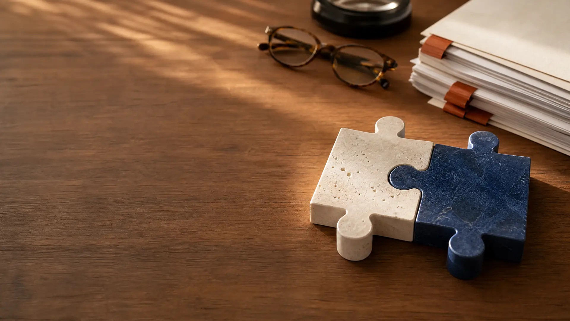 Zwei ineinandergreifende Puzzleteile neben Lesebrille und Unterlagen auf einem Holztisch