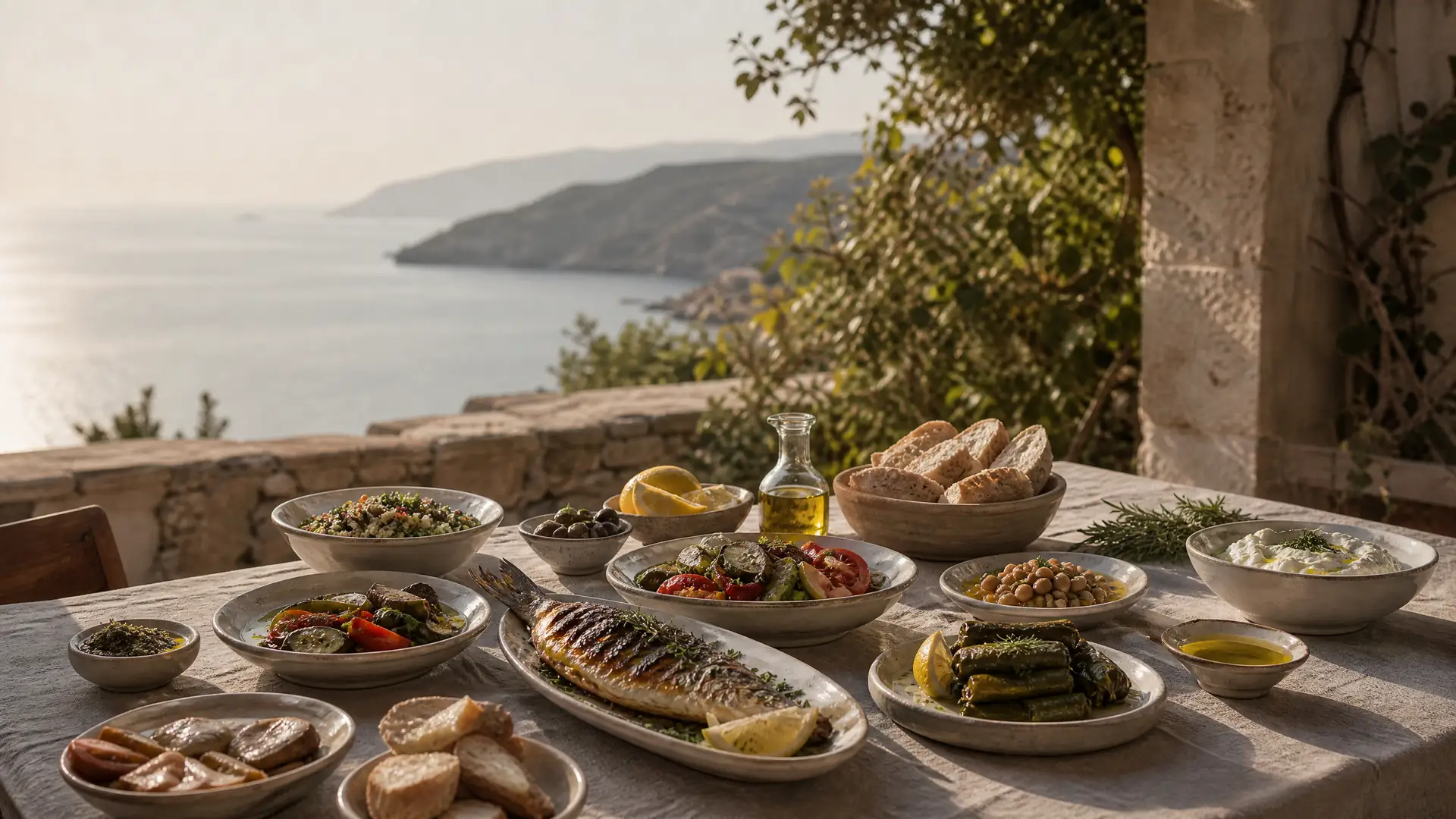 Rentnerpaar an einem bunten mediterranen Tisch mit Gemüse, Fisch und Olivenöl
