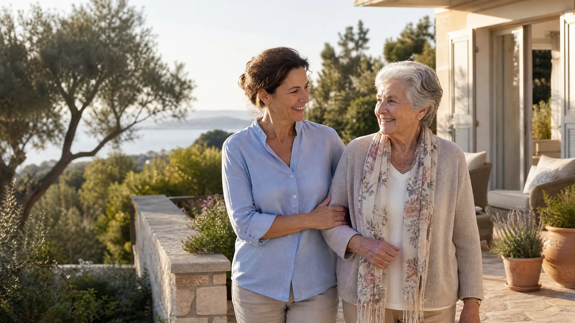 Pflegerin begleitet ältere Dame durch einen sonnigen mediterranen Garten