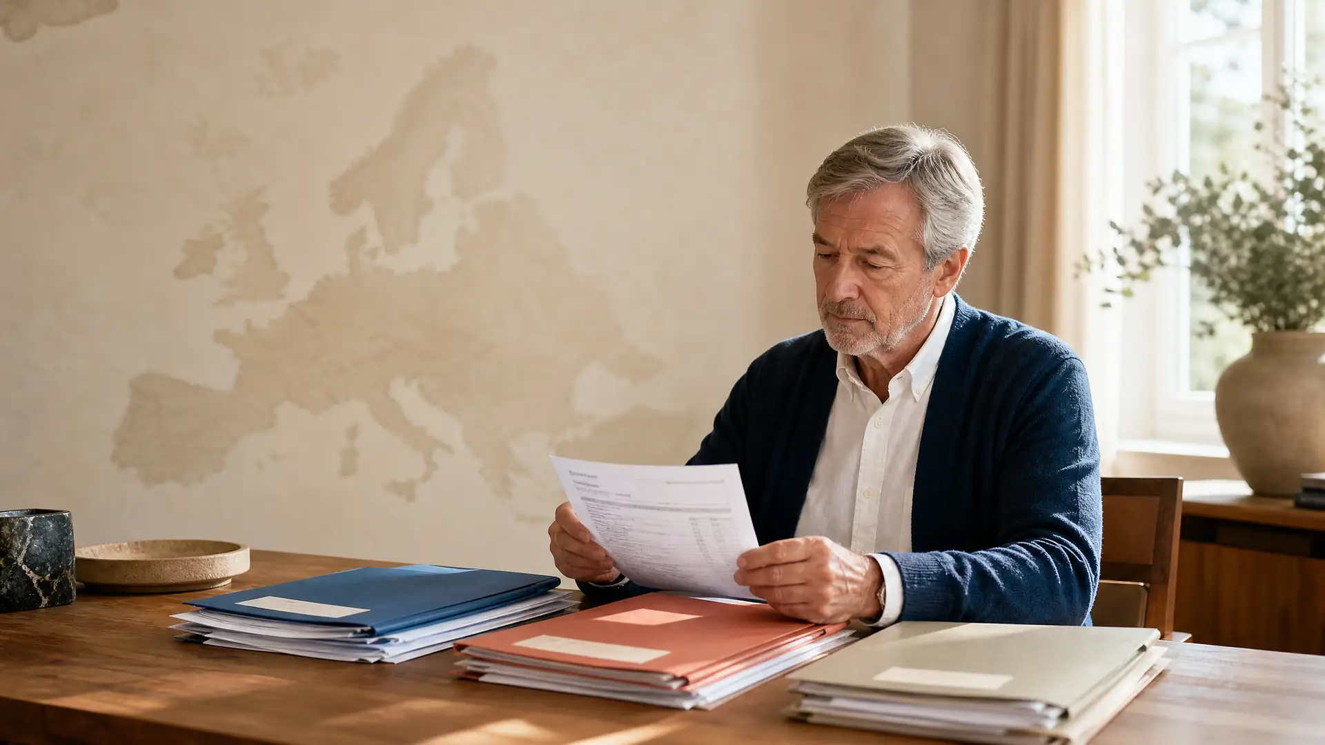 Ruheständler ordnet Rentenunterlagen aus mehreren Ländern in Mappen am Schreibtisch