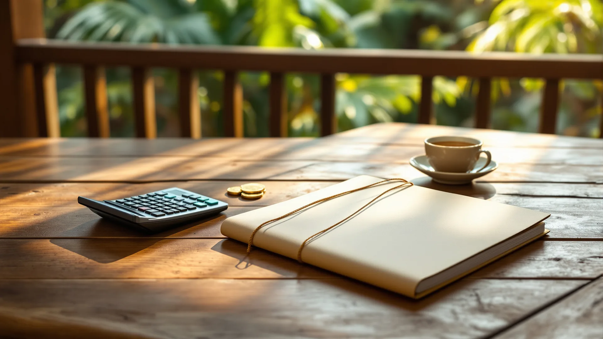 Rentenunterlagen, Taschenrechner und Baht-Münzen auf einem Teakholztisch in Thailand als Symbol für die Besteuerung von Renten